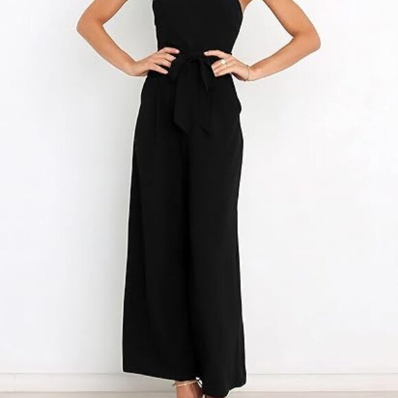Chic One-Shoulder Wide-Leg Jumpsuit – Elegant Backless Tie-Waist Romper | Black - Picture 4 of 7